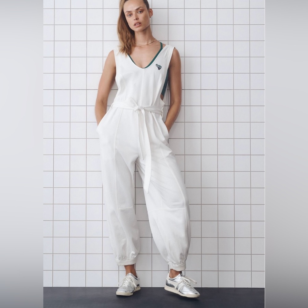 Anthropologie White Jumpsuit with Green Accents